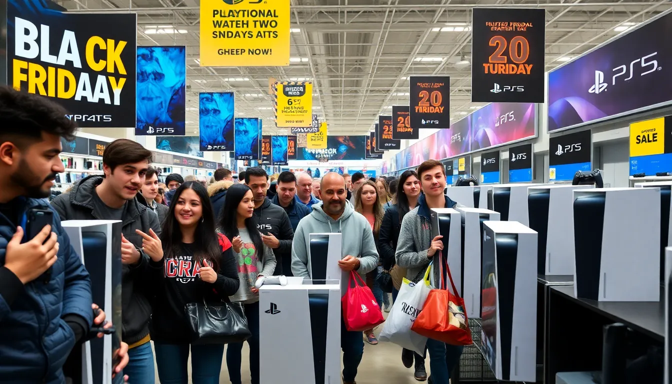 shoppers excitedly examining PlayStation 5 consoles on Black Friday.