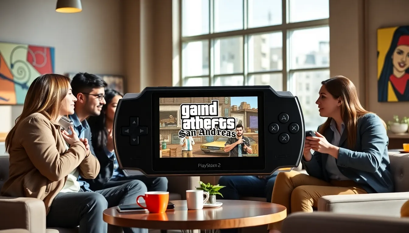 concept of a portable PlayStation 2 with gamers in a coffee shop.