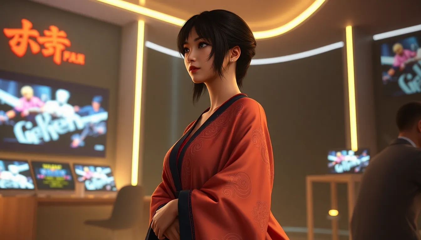 Jun Kazama in a serene pose in a modern gaming studio.